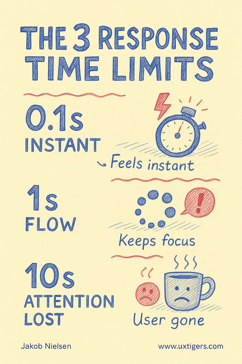 SaasSnail's tweet image. ⚡️ Users don’t wait forever.
Here’s Jakob Nielsen’s 3 magic numbers every designer &amp;amp; developer should know:
🕐 0.1s — Feels instant
⏱ 1s — Flow remains unbroken
⏳ 10s — Max attention span before frustration
Design within these or lose users.
#UX #UIDesign #WebPerf #DevTips