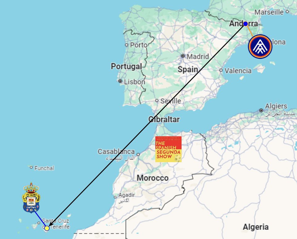 SegundaSpanish's tweet photo. 🇦🇩➡️🇪🇸 Tonight sees newly promoted @fcandorra travel the 2,210km to Gran Canaria to face recently relegated @UDLP_Oficial!

It’s the longest trip a team can make this season in Segunda and undoubtedly one of the longest away days in the whole of Europe! https://t.co/saOriZ85Jq