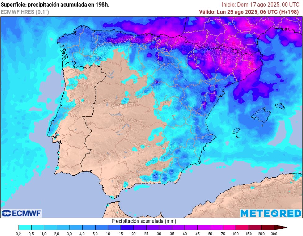 Aquesta és la precipitació que s'espera els pròxims 7 dies segons el model Europeu.

A més, aquestes precipitacions aniran caient en un context de baixada progressiva de les temperatures a mesura vagi avançant la setmana.