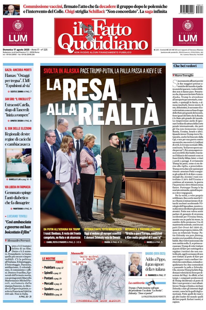 marsetac's tweet photo. C’è questa parola che ai pacifinti nostrani provoca una forma di alterazione sensoriale, quasi un’eccitazione e che per questo motivo dispensano a volontà. La parola “realtà”. Perché la presa d’atto dello status quo, ci dice anche @marcotravaglio oggi sul @fattoquotidiano salva vite umane.

Se non si trattasse del capo della propaganda russa in Italia, che ha giustificato e supportato la guerra di Putin fin dal primo momento, arruolando filorussi e fascisti duginiani nelle file del suo giornale per soddisfare l’inesauribile fame di manipolazioni complottiste e antioccidentali dei suoi lettori, si potrebbe provare ad intavolare un ragionamento, confidando nella buona fede di chi ti ascolta, ma con chi ripete fin nei dettagli la narrazione del Cremlino sulla guerra già da due giorni prima che scoppiasse (“invasione? Fake news”), non c’è storia.

Va detto che il concetto di realtà per Travaglio non è necessariamente collegato al criterio di verità. Si potrebbe magari parlare di realtà aumentata o, piuttosto, “diminuita”. Nei suoi racconti di fantasia c’è ad esempio la “guerra civile del Donbass” che fu “civile” solo per lui e quattro autocrati amici di Putin, mentre gli stessi consiglieri dello zar al telefono e per email nel 2014 la chiamavano “destabilizzazione”, mentre assoldavano e pagavano gruppi armati per provocare insurrezioni in un’Ucraina che si stava riappropriando del proprio futuro. Ci sono poi i due “golpe bianchi” subiti da Yanukovich, che lui definisce “neutralista”, anziché filorusso, dimenticando che nel 2004 il presidente più corrotto della storia del paese il golpe lo fece e non lo subì (con macroscopici brogli elettorali pilotati da Mosca) e che dieci anni dopo fu destituito solo dopo essere scappato… in Russia, con un bel po’ di miliardi rubati agli ucraini.

Nel Donbass c’è anche la mitica e ormai mitologica “strage dei russofoni”, che secondo il “Solovyev de’ noantri” avrebbe spinto Mosca caritatevolmente ad intervenire per salvarli. Una puttanata smentita da pile di rapporti internazionali dell’epoca e dai fatti anche di questi anni di guerra, quando per “salvare” i russofoni che per Travaglio non vedevano l’ora di essere sottratti alle grinfie dei nazisti di Kyiv, Putin li ha dovuti bombardare, massacrare, torturare, stuprare e rapire (preparandosi a deportare chi non accetta il passaporto russo tra poche settimane), sventrando intere città prima di poter piazzare su cumuli di macerie (nelle regioni russofone) e cadaveri (di russofoni) la bandiera russa.

C’è soprattutto il mito della neutralità, “com’era nei patti del 90-91”, scrive oggi nel suo editoriale. Un argomento che per il direttore è ben più di ossessione. Anche qui omettendo di dire che quei “patti” erano in realtà conversazioni tenute non con il leader russo, ma con quello sovietico, cioè il capo di una nazione che di lì a breve non sarebbe nemmeno più esistita. Dire a Gorbaciov di non voler consentire l’allargamento della NATO ad est, come fece il Segretario del Dipartimento di Stato americano James Baker nel 1990, significava semplicemente assicurare all’URSS che nessuno degli stati sovietici o del Patto di Varsavia sarebbe mai entrato nell’Alleanza Atlantica, perché formalmente legati a Mosca. Ma dall’anno successivo, ciascuno di quegli stati era libero e sovrano e non perché lo dica io, ma perché lo dice lo statuto dell’ONU e pure la Carta di Parigi, sottoscritta proprio nel 1990, anche da Gorbaciov. Erano semmai quelli i patti, scritti e firmati, che non potevano essere violati.

Oggi la realtà, secondo Travaglio, è quella sul campo, e cioè l’occupazione di fatto del 20% dell’Ucraina e l’evidente accordo tra un dittatore criminale di guerra ed un aspirante tale, entrambi a capo di potenze atomiche, il che non lascerebbe margini di manovra a Zelensky e ai leader dell’odiata UE. Nel gongolare per l’ignobile presunto patto, c’è il senso della sua idea di pace, che è nulla più che sopraffazione e legittimazione dell’uso della forza, cioè tutto ciò che venne sconfitto nel ‘45 e che consente anche a lui oggi di raccontare favole ai suoi lettori senza imbattersi in quelle censure che invece in Russia comportano arresti e omicidi. Nessuno si aspetti di leggere appelli ad una reazione per far valere il diritto internazionale (quello vale solo per Gaza), il diritto alla vita, la libertà, la democrazia o i principi di sovranità ed inviolabilità dei confini, che sono l’architrave dell’ordine mondiale. C’è anzi la difesa a spada tratta del sacrosanto diritto del bullo di pretendere terre non sue, ma anche di decidere quando e come un’altra nazione debba votare, quante e quali armi debba avere e quali alleanze sia autorizzata a sottoscrivere. Che è poi la prova della coerenza del personaggio, che per anni ha sfornato libri e articoli contro la trattativa Stato-mafia e ora supporta, come ho scritto anche ieri, le trattative mondo-mafia.

C’è però un fatto che io non sottovaluterei. Che ha a che fare in parte con il presunto acume di Travaglio e in parte con la scaramanzia. E cioè che le cose quasi mai vanno come il direttore prevede che andranno, ed anzi, diciamolo, in genere porta anche un po’ sfiga. Da Bossi, a Di Pietro, Ingroia, De Magistris, fino a Grillo gli amori di Travaglio sono sempre stati anche degli straordinari fallimenti politici. Persino Conte, con l’endorsement del Fatto, è passato dal 33 al 10% scarso. Fossi un lettore della Pravda, darei quindi agli editoriali di questo sedicente interprete della “realtà” il peso che merita, cioè più o meno quello di un oroscopo. Fossi Putin, che tra i suoi amori è sicuramente il più grande, toccherei pure ferro.