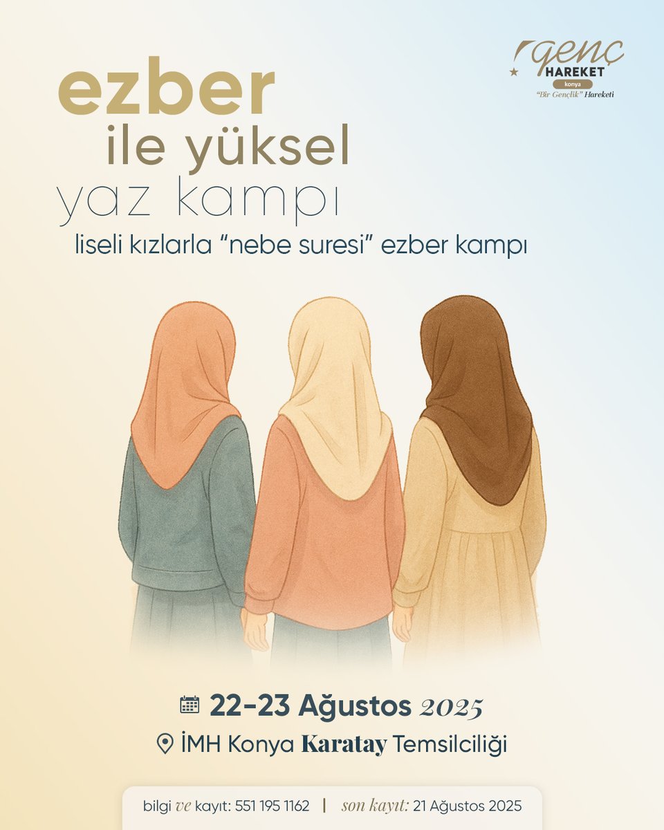 Çay eşliğinde muhabbet ederek Nebe Sûresi’ni derinlemesine anlamaya, birlikte ezber yapmaya ve manevi bir yolculuğa çıkmaya sizi kampımıza davet ediyoruz. 🌿☕📖

📅 Tarih: 22-23 Ağustos
📞 Kayıt: 0551 195 11 62