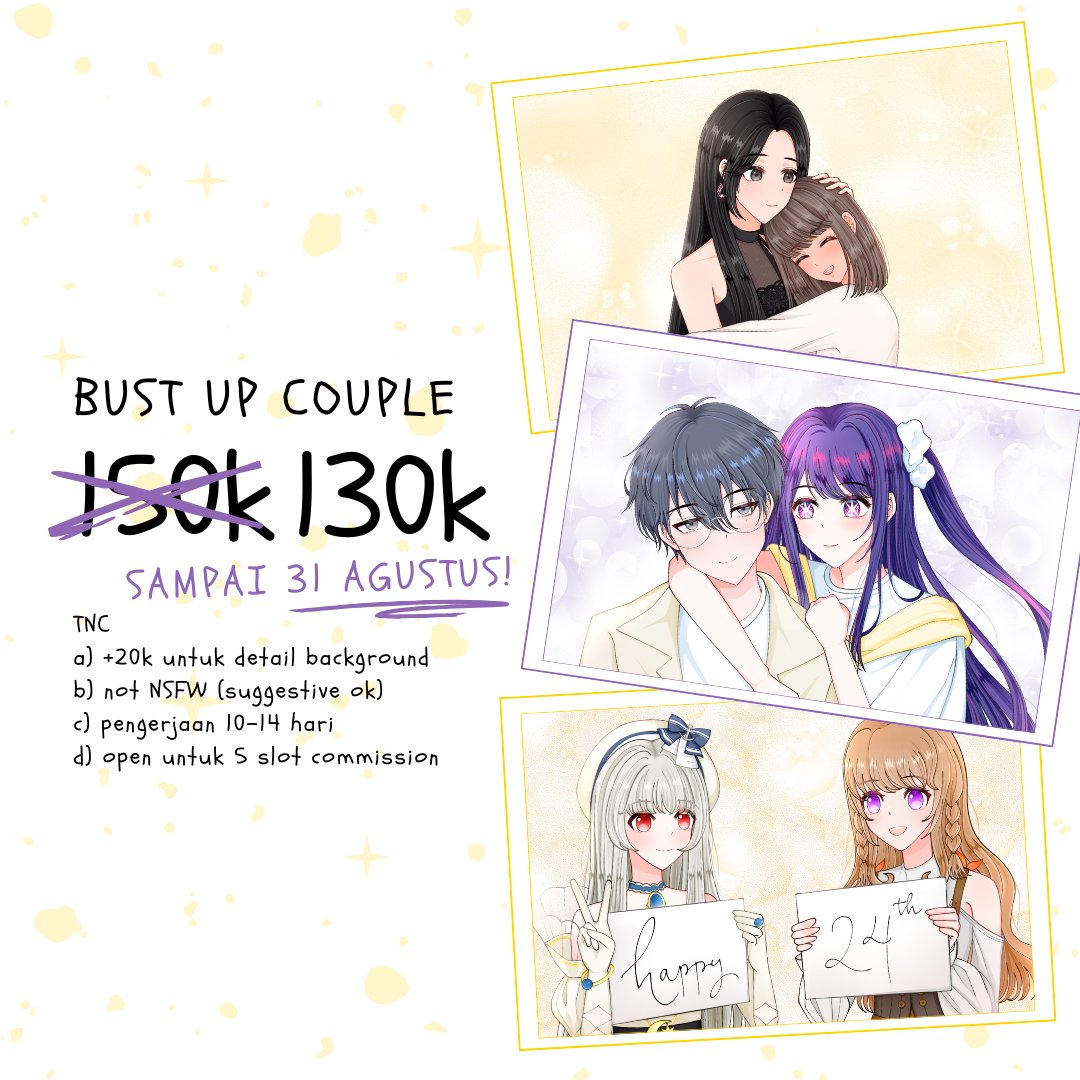 (Help RT yaa kalau lewat)

Promo Spesial Hari Kemerdekaan 🇮🇩!

Bust up couple cuman 130k 🤯😲!!
(+20k untuk extra detail background)

Cuman 5 slot yaa, ayoow siapa cepat dia dapat 🥰
Dm for order 💌!
#HappyIndependenceDay 
#CommissionOpen #CommissionArt #zonauangᅠᅠ #zonajajan