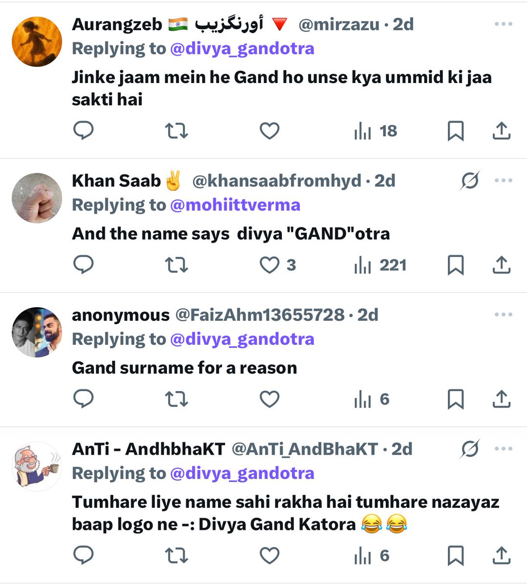 divya_gandotra's tweet photo. At least my surname doesn’t remind the world of 9/11, 26/11, ISIS aur Taliban. 

Yours does. https://t.co/8QYfFTMLXv