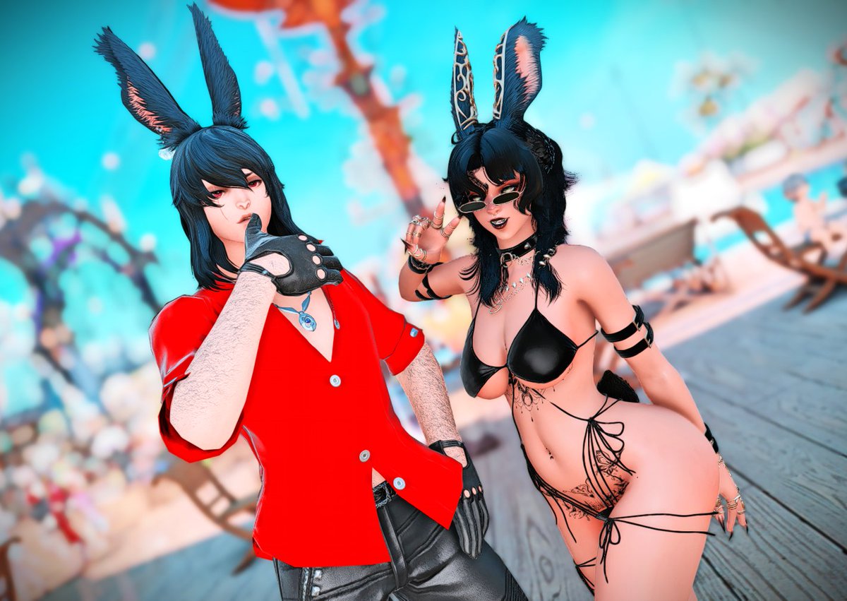 TheScaryGothe's tweet photo. Got to meet the super cool and talented @Sufferhymn! We even got some great pics together! (No idea what he was so focused on though๐ค) #ffxivviera #ffxivgpose #EorzeaPhotos #moonfirebash https://t.co/VX5T7ebNTA
