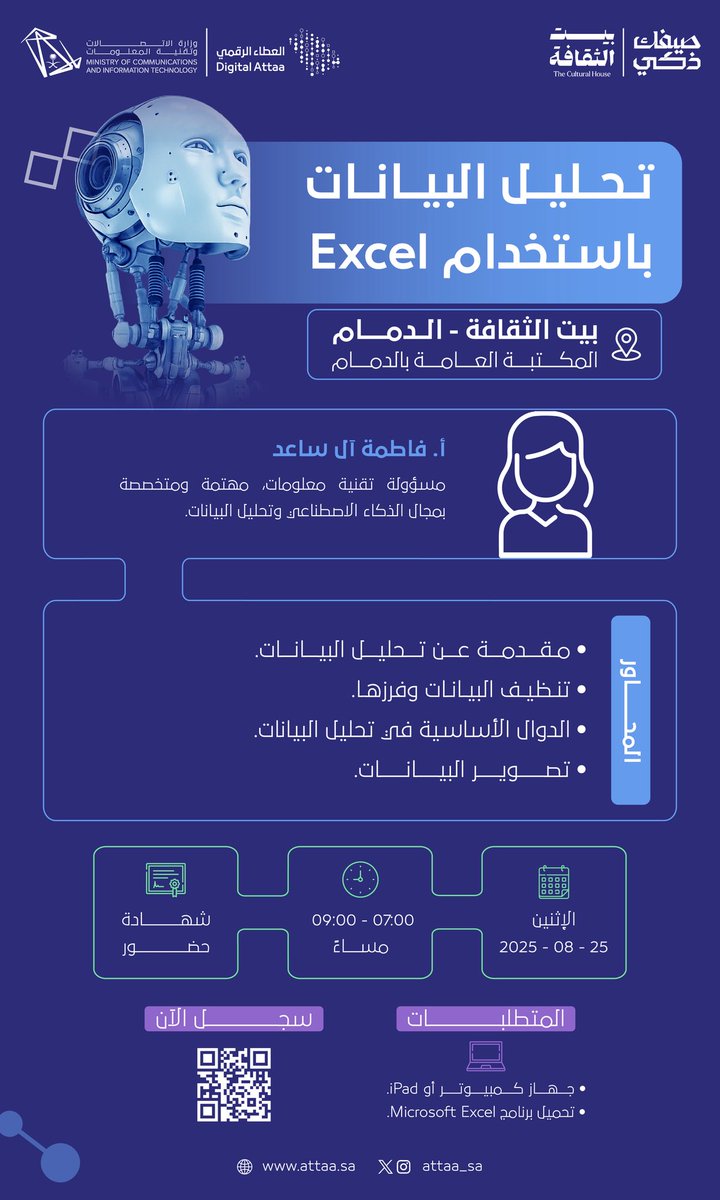Attaa_SA's tweet photo. تعلّم مع أ. فاطمة آل ساعد كيف تنظف بياناتك وتفرزها وتستخدم الدوال الأساسية وتحويلها لرسوم بيانية واضحة بالتعاون مع @CultureHousesSA

#صيفك_ذكي
الإثنين | 25 أغسطس
07:00 - 09:00 مساءً
الدمام - بيت الثقافة
للتسجيل: https://t.co/5b76UkViW2 https://t.co/vUf2S2p3ze