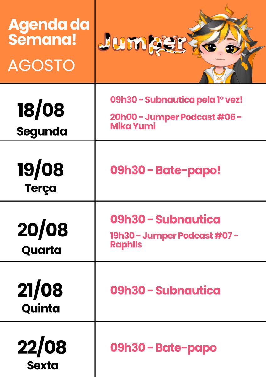 Jumper 😺🧡🤍🖤 (@jumper_vtuber) on Twitter photo A agenda de lives da próxima semana do gatito! 🧡🤍🖤
Jogarei subnautica e teremos duas Collabs que serão no meu podcast. 😺
Episódio 06 - <a href="/mika_yumi15/">Mika Yumi 🌸 Bloom!</a>
Episódio 07 - <a href="/raphlls/">Raphlls | Debutado</a>
Estejam preparados! 🫵🏻😼 A agenda de lives da próxima semana do gatito! 🧡🤍🖤
Jogarei subnautica e teremos duas Collabs que serão no meu podcast. 😺
Episódio 06 - <a href="/mika_yumi15/">Mika Yumi 🌸 Bloom!</a>
Episódio 07 - <a href="/raphlls/">Raphlls | Debutado</a>
Estejam preparados! 🫵🏻😼
