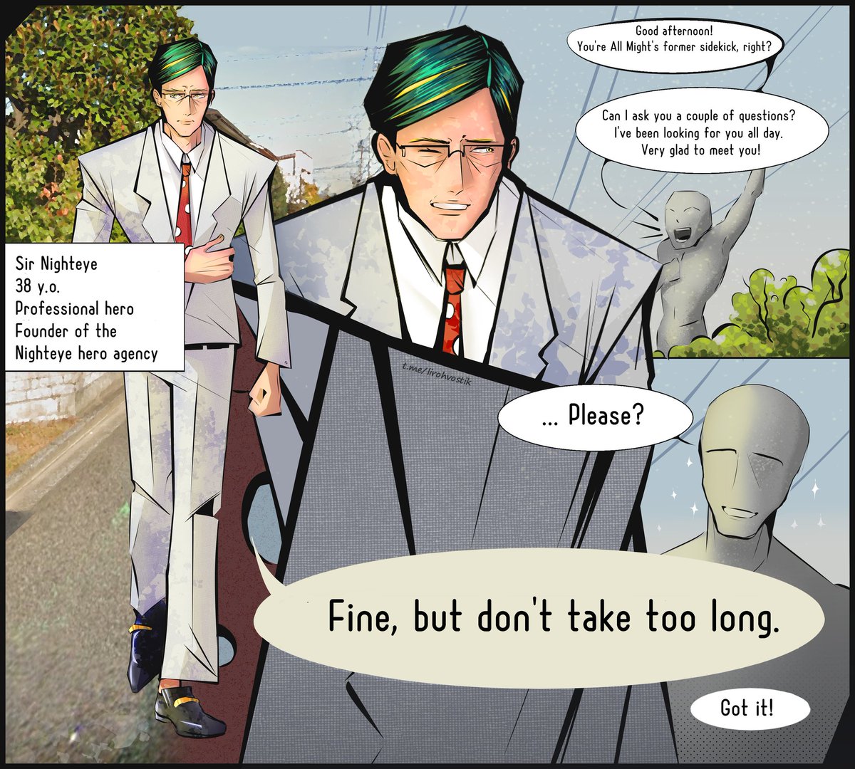 ⭐️ Did Sir Nighteye himself agree to answer your questions? 

 Yes, but Sir asked not to waste his time. 
I think his free time will be enough for... three questions. 

{ASK THE CHARACTER! COMMENTS FOR YOUR QUESTIONS ARE OPEN}

#SirNighteye #mha #bnha #MyHeroAcadamia #ask