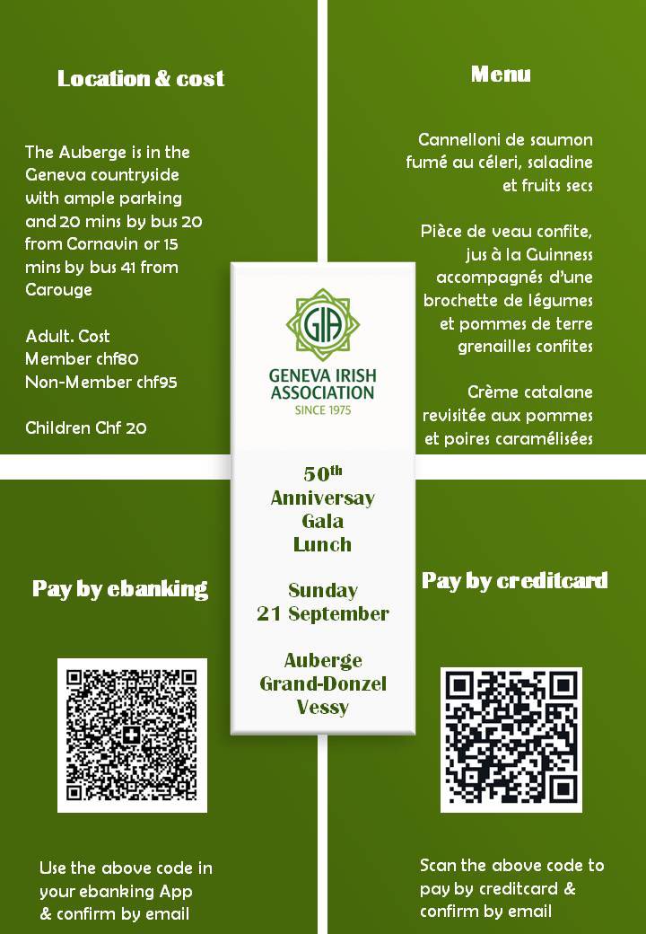 GVA_IRISH's tweet photo. The word is out and it is gold… Irish gold… 

Come join us for the 50th Anniversary Gala Luncheon celebration of the Geneva Irish Association on Sunday, 21st September.   

All the details are in the attached images https://t.co/LHOP1jWOTa