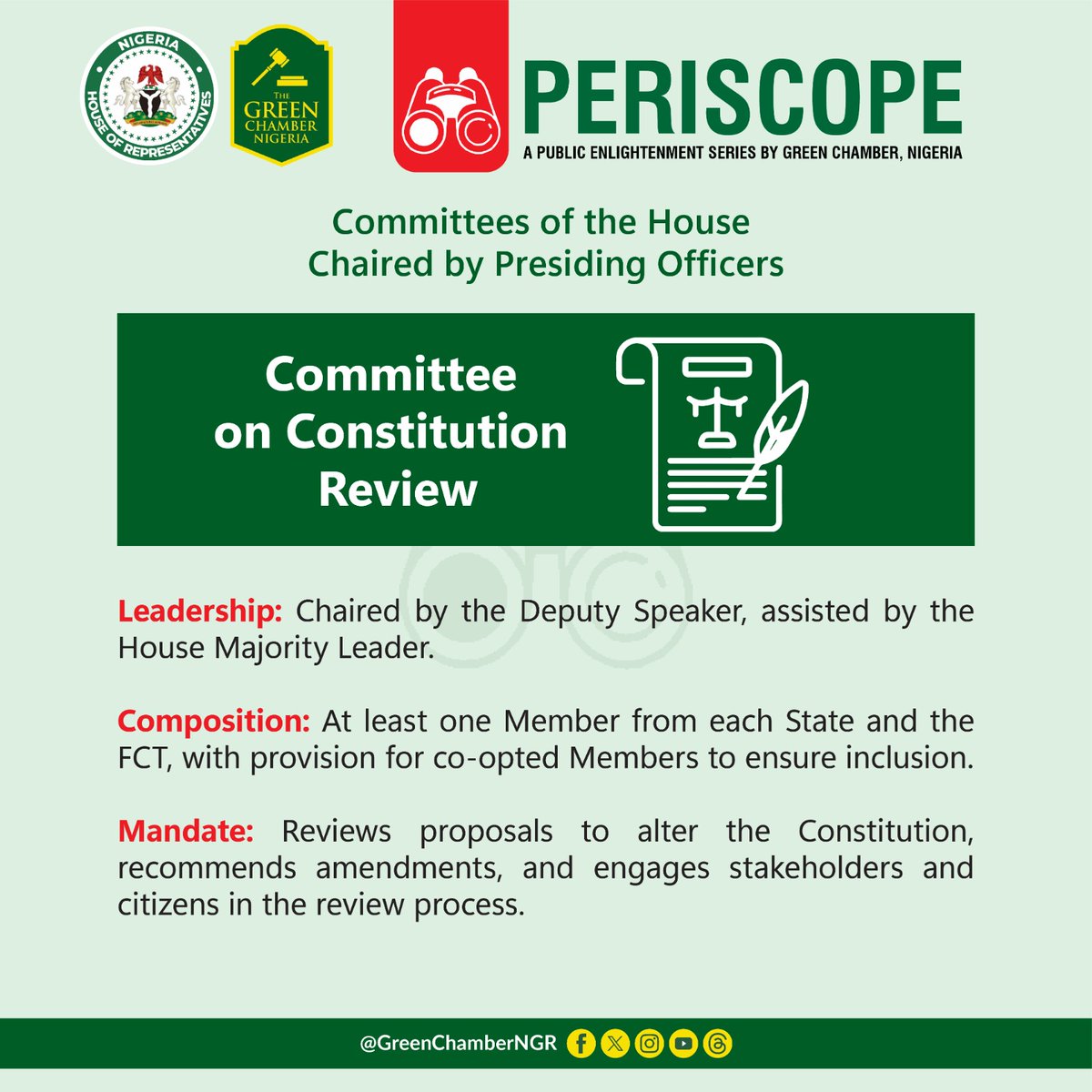 greenchamberngr's tweet image. #Periscope: Committees in Nigeria’s House of Representatives Chaired by Presiding Officers*l

🧵Thread

 #GreenChamberNGR #HouseNGR #LegislativeTrivia #CivicEducation #KnowledgeTest