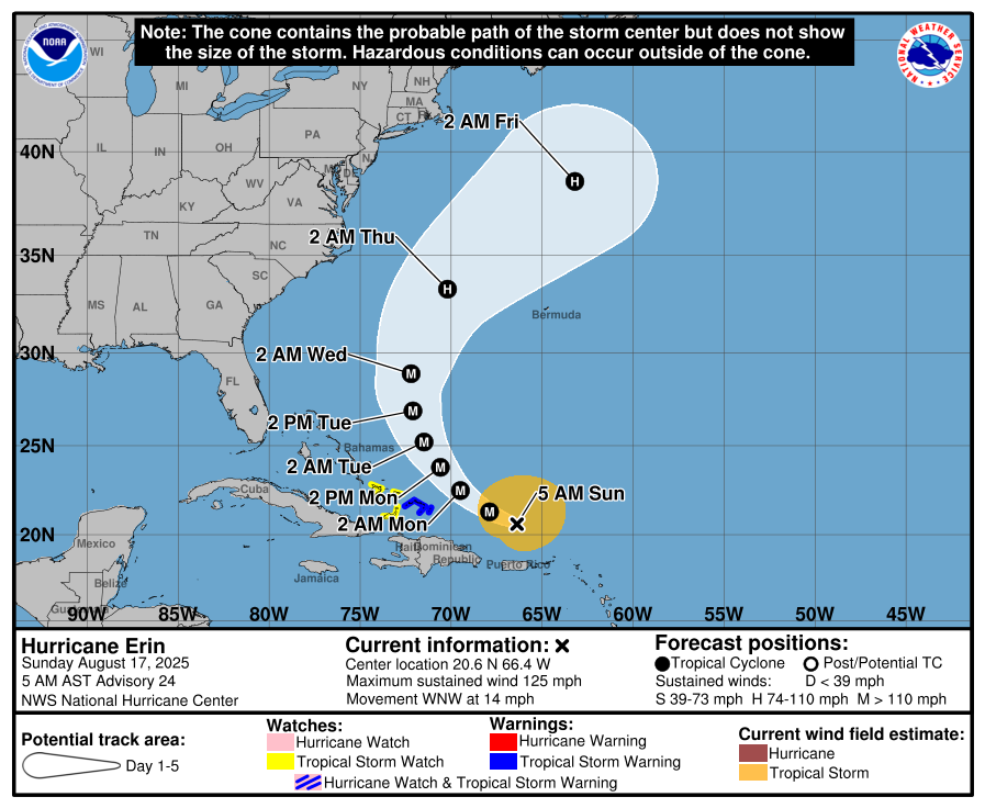 NWSMoreheadCity's tweet photo. Hurricane Erin Update (1/2)

With a slight western shift in Erin's track overnight, forecast wave heights &amp; wind speeds have increased, with TS force gusts possible along the OBX Wed night into Thurs. The risk of life threatening rip currents, damaging beach erosion, .... https://t.co/fygTzDVIdn