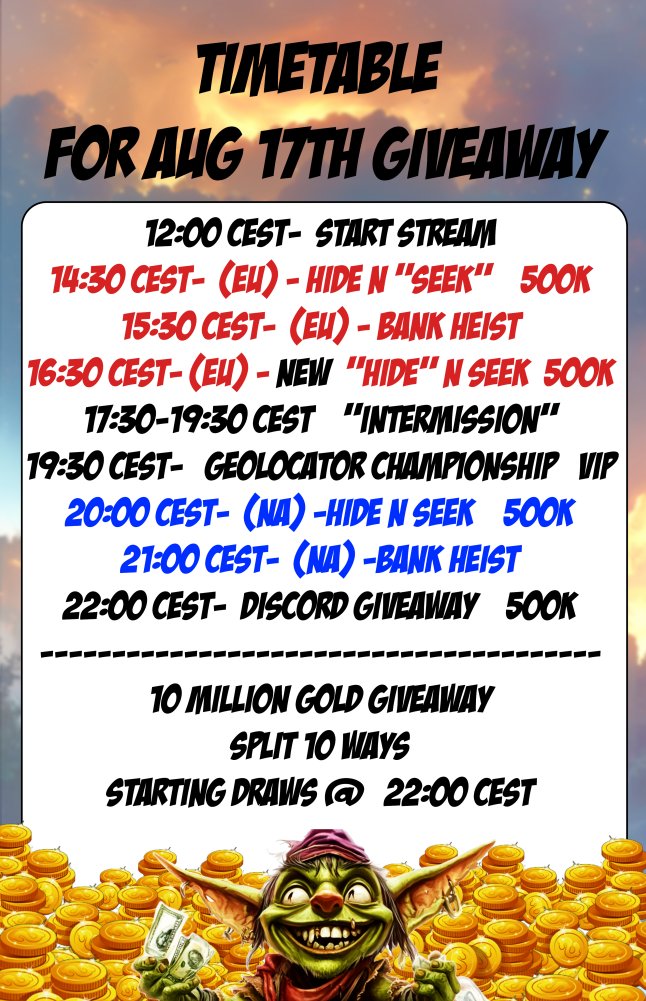 10,000,000 Gold monthly giveaway stream (and more) - come and join the fun  twitch.tv/kaychakyt