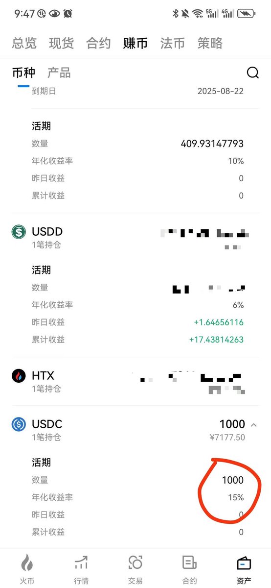 oxGrace9's tweet photo. 刚发现我们的USDC理财有平台限时补贴利息年化15%，于是马上换了1000个存进去。以前年化20%的理财我爱理不理，现在年化20%已经成为了永远的过去式😔
​支付宝余利宝的年化利率是1.67%，存7100元一天利息是0.32元；USDC限时补贴年化利率15%，存7100元一天的利息是2.92元，两者相差9.12倍！这羊毛必须撸 https://t.co/gpwWhEwVsD
