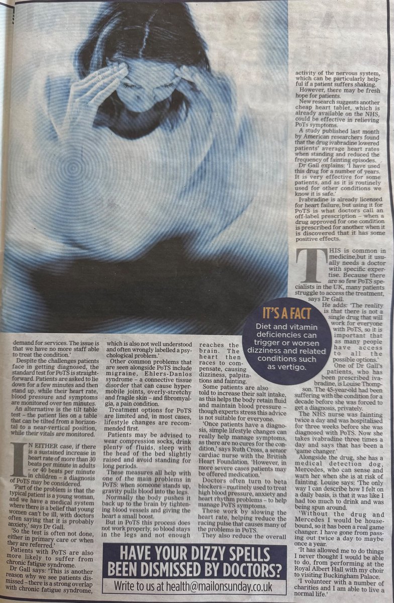 1/4 This <a href="/DailyMail/">Daily Mail</a> article discusses #PoTS, difficulties obtaining a diagnosis &amp; medication Ivabradine👇

'For more than 20 years Kerry Clayton endured dizzy spells, fainting &amp; constant light-headedness – only to have concerns repeatedly dismissed by doctors.'

#MECFS #LongCovid