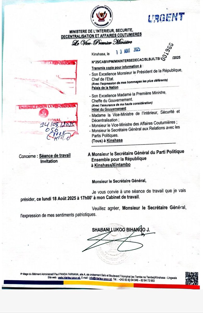 #RDC: Le Ministre de l'intérieur, SHABANI invite le Secrétaire Général de <a href="/Ensemble_MK/">Ensemble pour la République</a> à une séance de Travail. De quel Travail s'agit-il, et pourquoi l'inviter juste après le conclave de Bruxelles. Pas question de suspendre le parti, svp! Excellence.