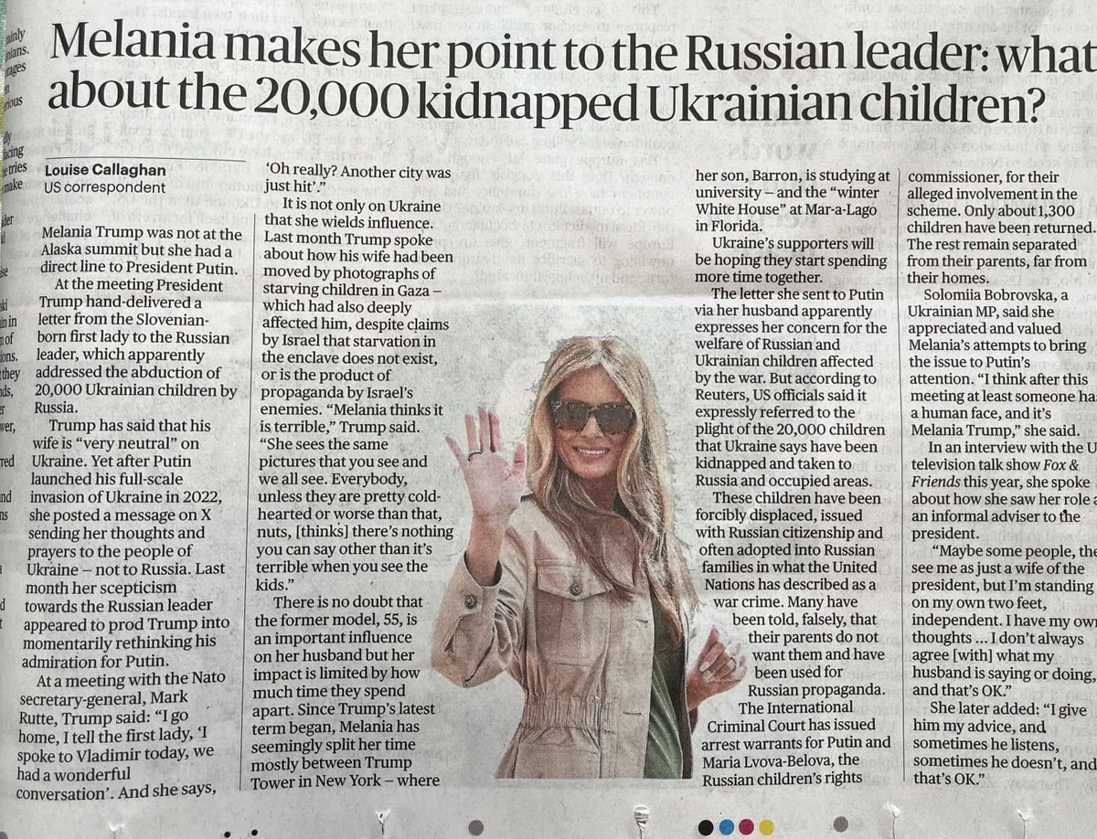 Sunday Times reports that Melania Trump has raised the 20,000 stolen Ukrainian children with Putin.  Thank goodness.  But far too few British broadcasters mention the issue in their output - they're failing in their jobs &amp; their moral duty.