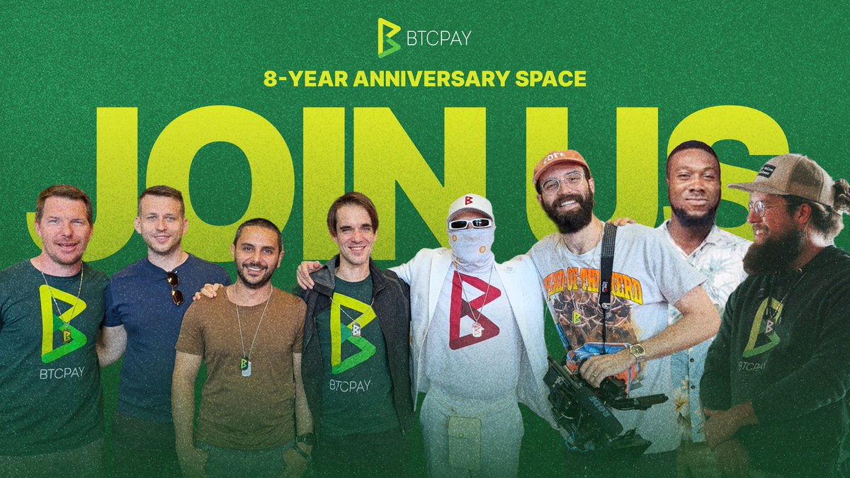 BTCPay Server (@btcpayserver) on Twitter photo See you in 1 hour for the 8th birthday 🎂 of BTCPay Server to talk about Bitcoin FOSS, 2.2 release and BTC Prague case study!
Expect full team + special guests <a href="/NicolasDorier/">Nicolas Dorier</a> <a href="/pavlenex/">Pavlenex</a> <a href="/MrKukks/">Kukks(Andrew Camilleri) 👾</a> <a href="/ndeet/">ndeet ∞/21M</a> <a href="/WebWorthy/">webworthy</a> <a href="/dstrukt__/">DSTRUKT 🌮⚡</a> <a href="/TChileta/">Tobses</a> <a href="/r0ckstardev/">Uncle Rockstar Developer</a> See you in 1 hour for the 8th birthday 🎂 of BTCPay Server to talk about Bitcoin FOSS, 2.2 release and BTC Prague case study!
Expect full team + special guests <a href="/NicolasDorier/">Nicolas Dorier</a> <a href="/pavlenex/">Pavlenex</a> <a href="/MrKukks/">Kukks(Andrew Camilleri) 👾</a> <a href="/ndeet/">ndeet ∞/21M</a> <a href="/WebWorthy/">webworthy</a> <a href="/dstrukt__/">DSTRUKT 🌮⚡</a> <a href="/TChileta/">Tobses</a> <a href="/r0ckstardev/">Uncle Rockstar Developer</a>