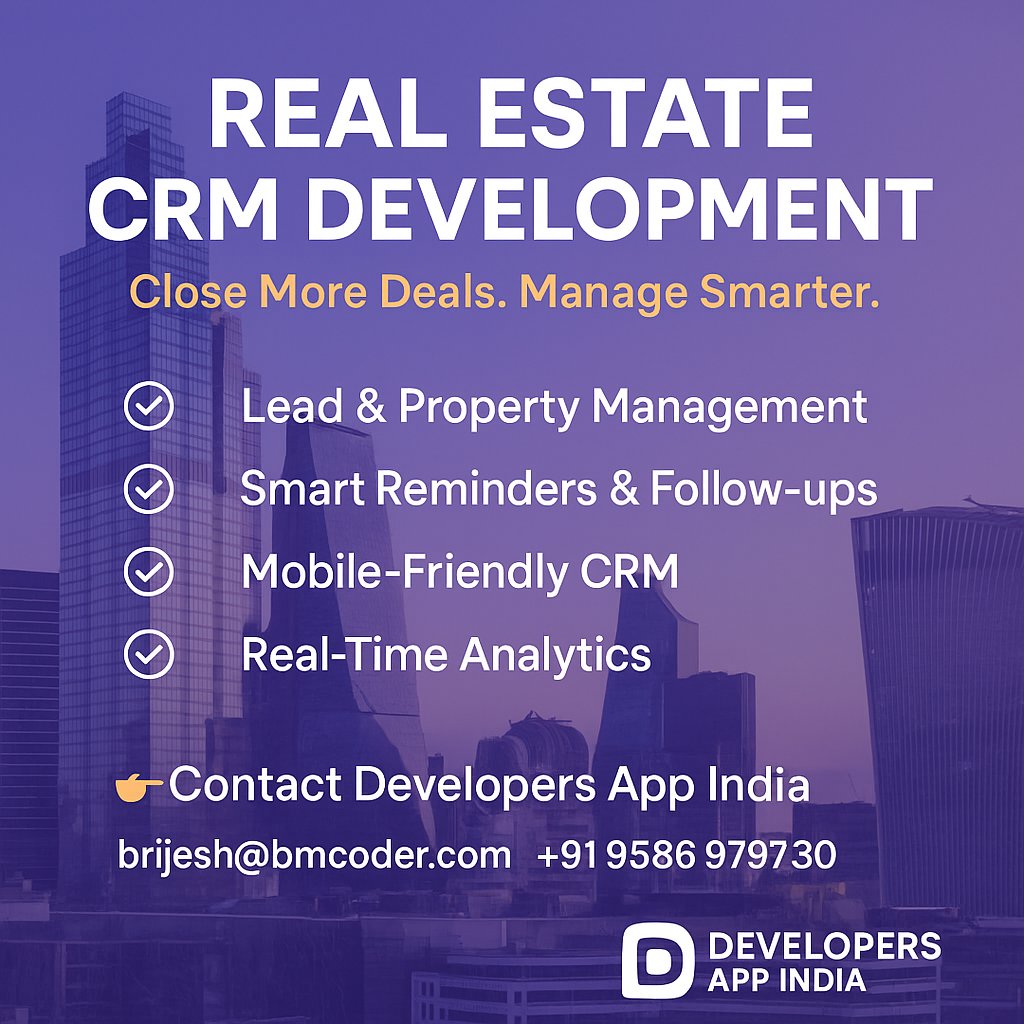 appdevelopers01's tweet image. 🏡 Revolutionize Your Real Estate Business with Smart CRM Development
Struggling to manage leads, follow-ups, and property listings?
#RealEstate #CRM #RealEstateCRM #AppDevelopment #DevelopersAppIndia #PropTech #RealEstateBusiness #MobileApps