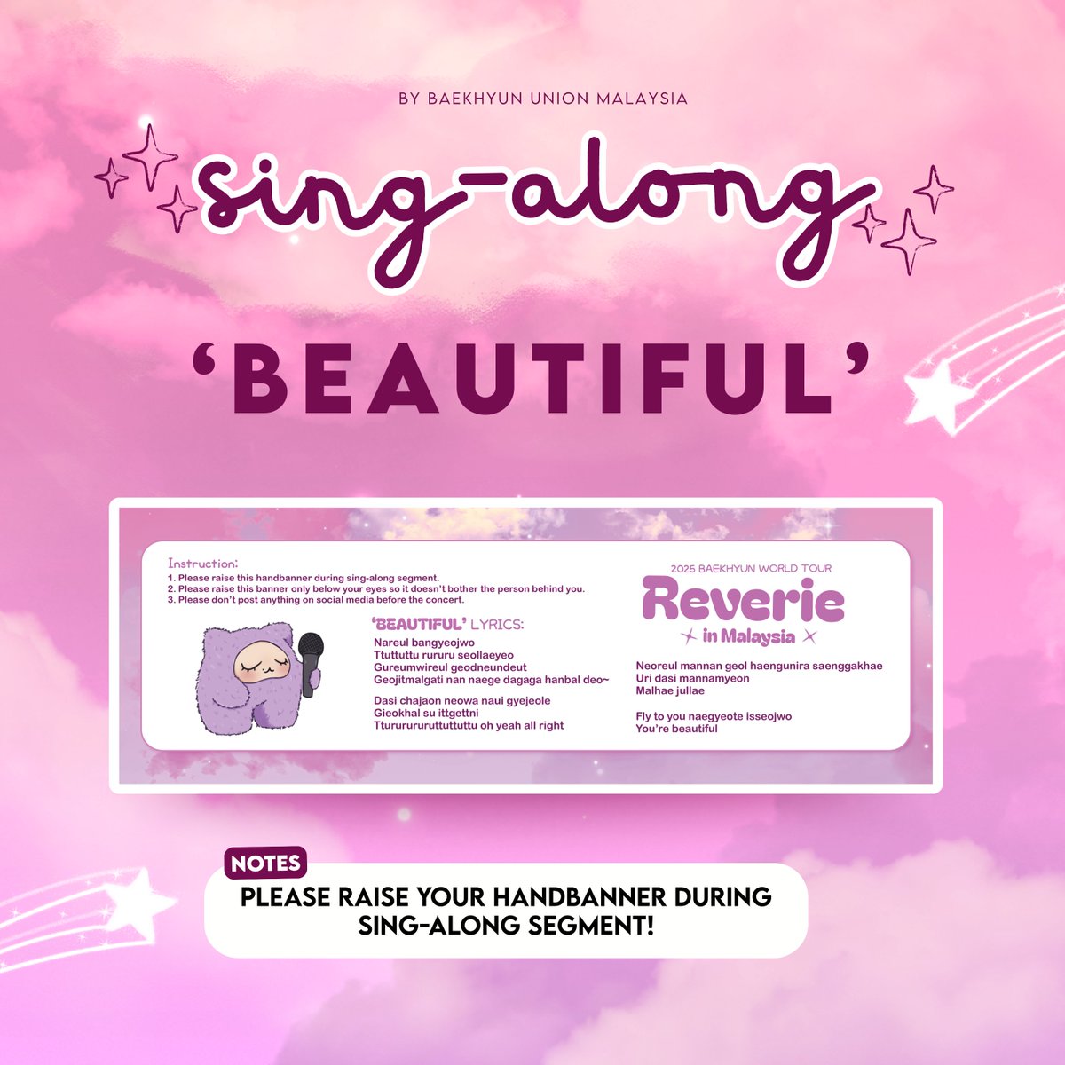 bbhunionmy's tweet photo. on the eve of reverie ⋆｡ ﾟ☁︎｡ ⋆｡ ﾟ｡ ⋆ 
╰┈➤ sing-along

두근거려 (Beautiful)
▶︎•၊၊||၊|။|||||။၊|။• 2:31

#ReverieinKL https://t.co/c9f5XkC8DL