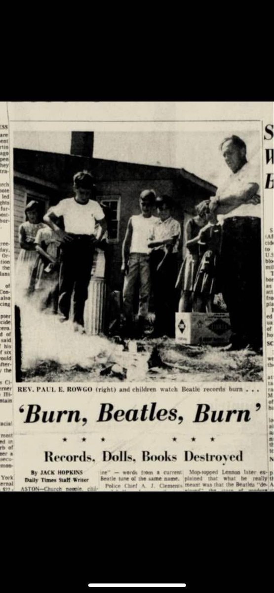 John F. Lyons (@johnflyons2) on Twitter photo On the last day of summer-long Bible School in 1966, Reverend Paul Rowgo of the Aston Baptist Church in Philadelphia, led a crowd of 50 children in the singing of religious songs as they burnt Beatle records, dolls, song sheets, and magazines. On the last day of summer-long Bible School in 1966, Reverend Paul Rowgo of the Aston Baptist Church in Philadelphia, led a crowd of 50 children in the singing of religious songs as they burnt Beatle records, dolls, song sheets, and magazines.