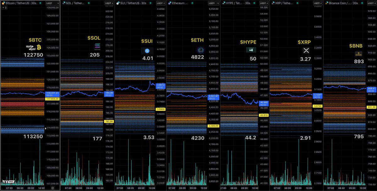 BTC、SOL、SUI、ETH、HYPE、XRP、BNB の暗号清算レベルチャート