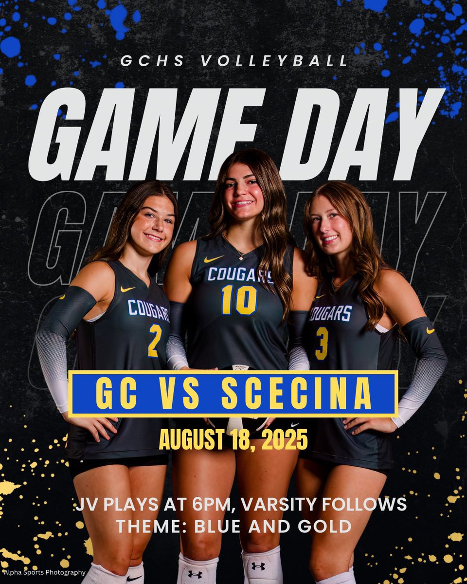 It’s finally here… GAME DAY! 🏐 The Cougars will open the 2025 season at home tomorrow against Scecina! JV starts at 6pm, varsity to follow. Let’s pack the gym and bring the energy! 

Theme: BLUE &amp; GOLD 🔵🟡