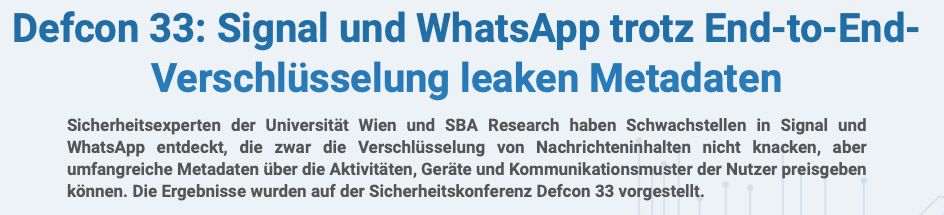 At  Defcon 33 Gabriel Gegenhuber and Maximilian Günther (University of Vienna and SBA Research) presented a series of new attacks against the two messaging services. 

Defcon : buff.ly/f7izsXH 
News: buff.ly/CK0jVOB  buff.ly/onMSSoy