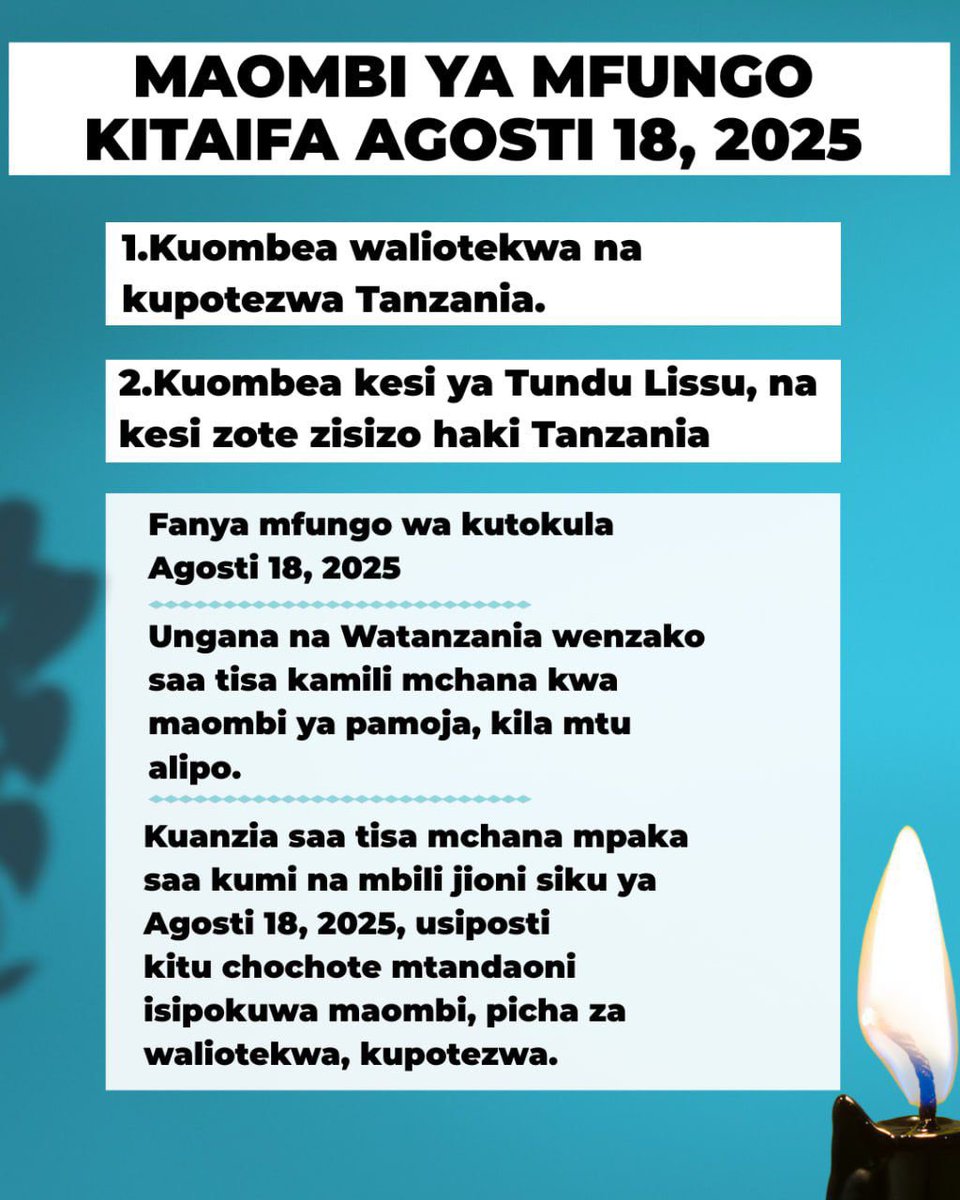 TitoMagoti's tweet photo. Mwito wa kushiriki ibada kesho kwa waaminio. Tuna maswali magumu kuhusu usalama wa waliotekwa. Tudai haki ya waliouwawa kikatili. Tudai uhuru wa wafungwa wa kisiasa kama Tundu Lissu. Tumlilie Mungu, pamoja na mambo mengine. Yohana 14:14🤲 https://t.co/AkfVLgKOXo