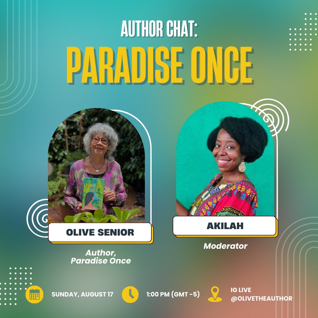 Reading A Ruin, Great and Free (@akilamantado) on Twitter photo At 1:00 PM Jamaican time I'll be in conversation with <a href="/olivesenior/">olive senior</a> on IG live about her latest novel "Paradise Once" out now from <a href="/AkashicBooks/">Akashic Books</a> and available wherever books are sold including <a href="/kgnbookshop/">Kingston Bookshop</a> and <a href="/Bookophilia/">Bookophilia</a>. Come check it out! At 1:00 PM Jamaican time I'll be in conversation with <a href="/olivesenior/">olive senior</a> on IG live about her latest novel "Paradise Once" out now from <a href="/AkashicBooks/">Akashic Books</a> and available wherever books are sold including <a href="/kgnbookshop/">Kingston Bookshop</a> and <a href="/Bookophilia/">Bookophilia</a>. Come check it out!