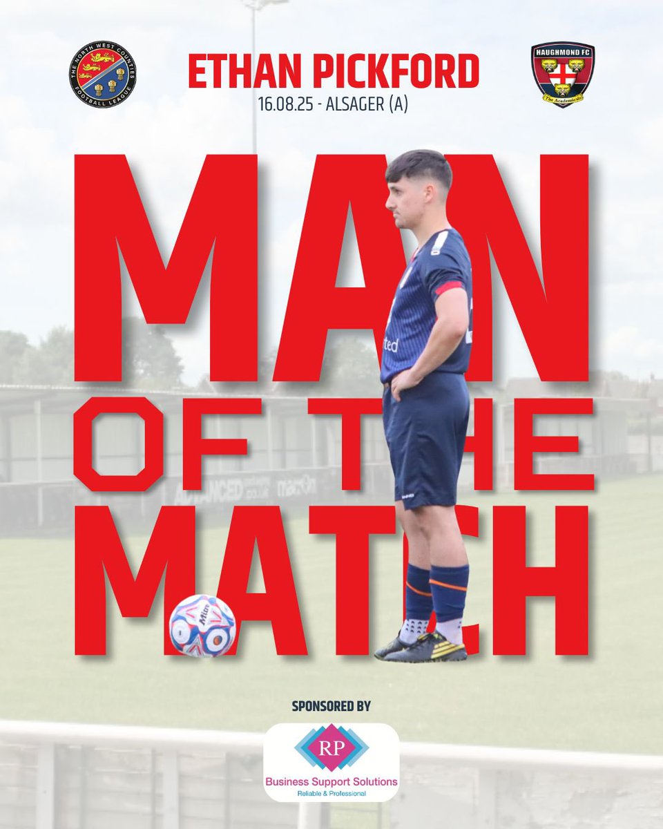 MOTM, voted for by Alsager, goes to Ethan Pickford. 
Despite the result, Ethan, along with his brace put in a terrific attacking display 👌

Sponsor - RP Business Support Solutions 

#mond