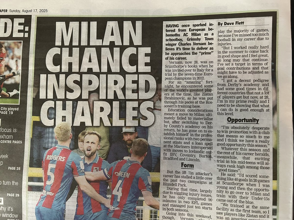 Dave Flett (@daveflettpress) on Twitter photo One for <a href="/officialgtfc/">Grimsby Town F.C.</a> fans. I spoke to Charles Vernam who, having once gone on trial at AC Milan, believes it’s time to help deliver success for the Mariners as he enters the ‘prime’ of his career. Full story in <a href="/TheLeaguePaper/">The Football League Paper</a> - shops now and always great value for £2.20. #GTFC One for <a href="/officialgtfc/">Grimsby Town F.C.</a> fans. I spoke to Charles Vernam who, having once gone on trial at AC Milan, believes it’s time to help deliver success for the Mariners as he enters the ‘prime’ of his career. Full story in <a href="/TheLeaguePaper/">The Football League Paper</a> - shops now and always great value for £2.20. #GTFC