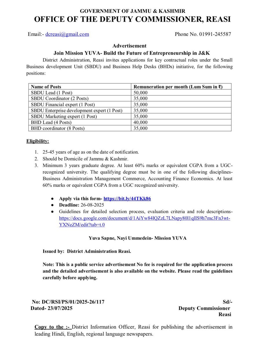 Deputy Commissioner Reasi (@dmreasi) on Twitter photo 🚨 Hiring! Mission YUVA Reasi
District Administration Reasi invites online applications for multiple contractual roles under the Small Business Development Unit (SBDU) & Business Help Desks(BHDs)
Apply Link forms.gle/dQvfN2oi2Mb8Fj…
Guidelines- docs.google.com/document/d/1Ai…
<a href="/diprjk/">Information & PR, J&K</a> 🚨 Hiring! Mission YUVA Reasi
District Administration Reasi invites online applications for multiple contractual roles under the Small Business Development Unit (SBDU) & Business Help Desks(BHDs)
Apply Link forms.gle/dQvfN2oi2Mb8Fj…
Guidelines- docs.google.com/document/d/1Ai…
<a href="/diprjk/">Information & PR, J&K</a>