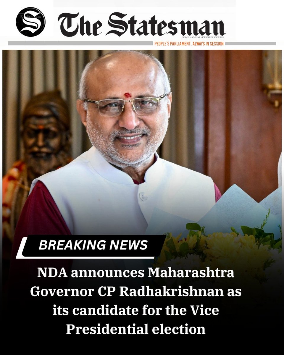 BIG BREAKING 🚨

NDA announces Maharashtra Governor #CPRadhakrishnan as its candidate for the Vice Presidential election

#VPElections #BreakingNews #NDA