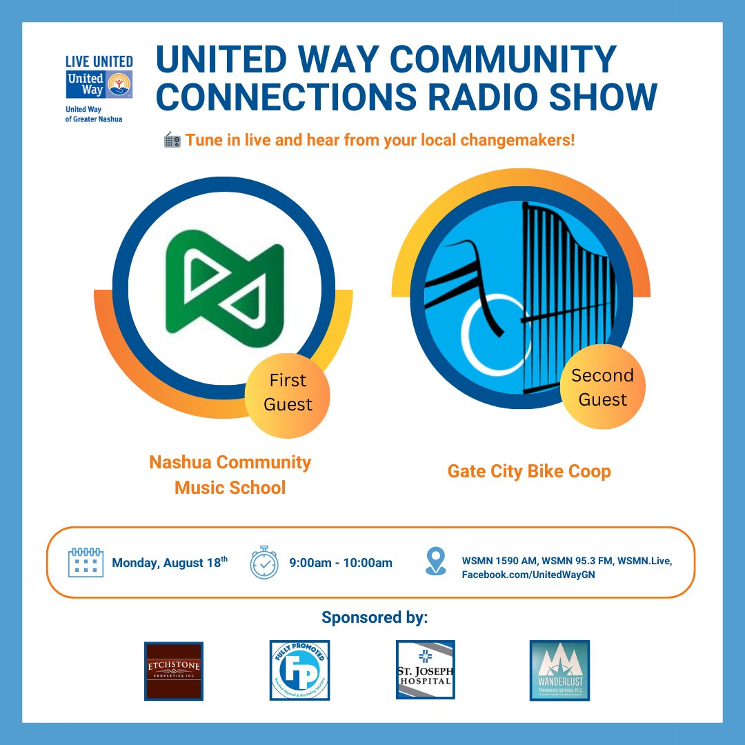 Get ready to be ignited with purpose!📻

Join us tomorrow at 9 AM for a brand-new United Way Community Connections Show on WSMN 1590 AM and 95.3 FM radio show episode with the Nashua Community Music School &amp; Gate City Bike Co-op, shining a light on the incredible work they do.😊