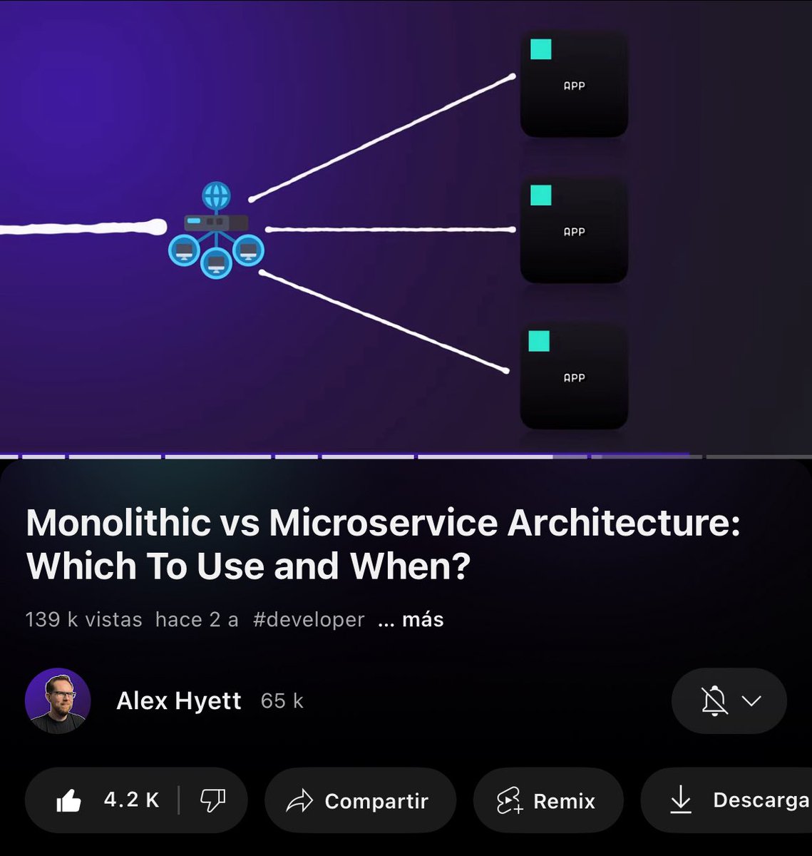 este video (10 min) explica la diferencia entre monolitos y microservicios.

• Monolitos → rápidos de construir y deployar, ideales para un MVP porque reducís complejidad al inicio.
el riesgo: si crece demasiado sin orden, se vuelve difícil de mantener.

• Microservicios →