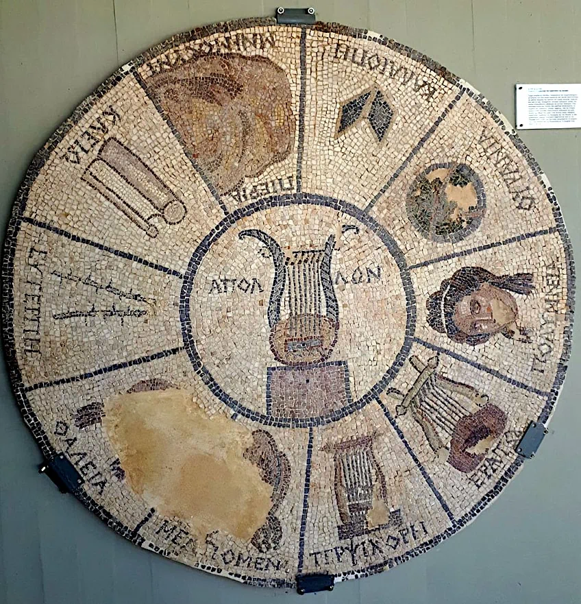 Greek Mosaic disc with symbols of Apollo, the Nine Muses, and their mother Mnemosyne, 1st century BC, Archaeological Museum of Elis.
