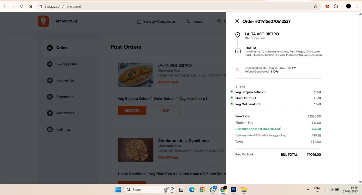 harshshah1985's tweet photo. On 14 Aug, my family was left starving due to @SwiggyCares – order at 9:18PM, delivery partner vanished, chatbot only, order cancelled 11:20PM. Mom(66, hypertension), dad(65, diabetes), wife (fasting), sister (feeding mother) suffered. Coupons ≠ apology. @jagograhakjago https://t.co/mG81svf2MK