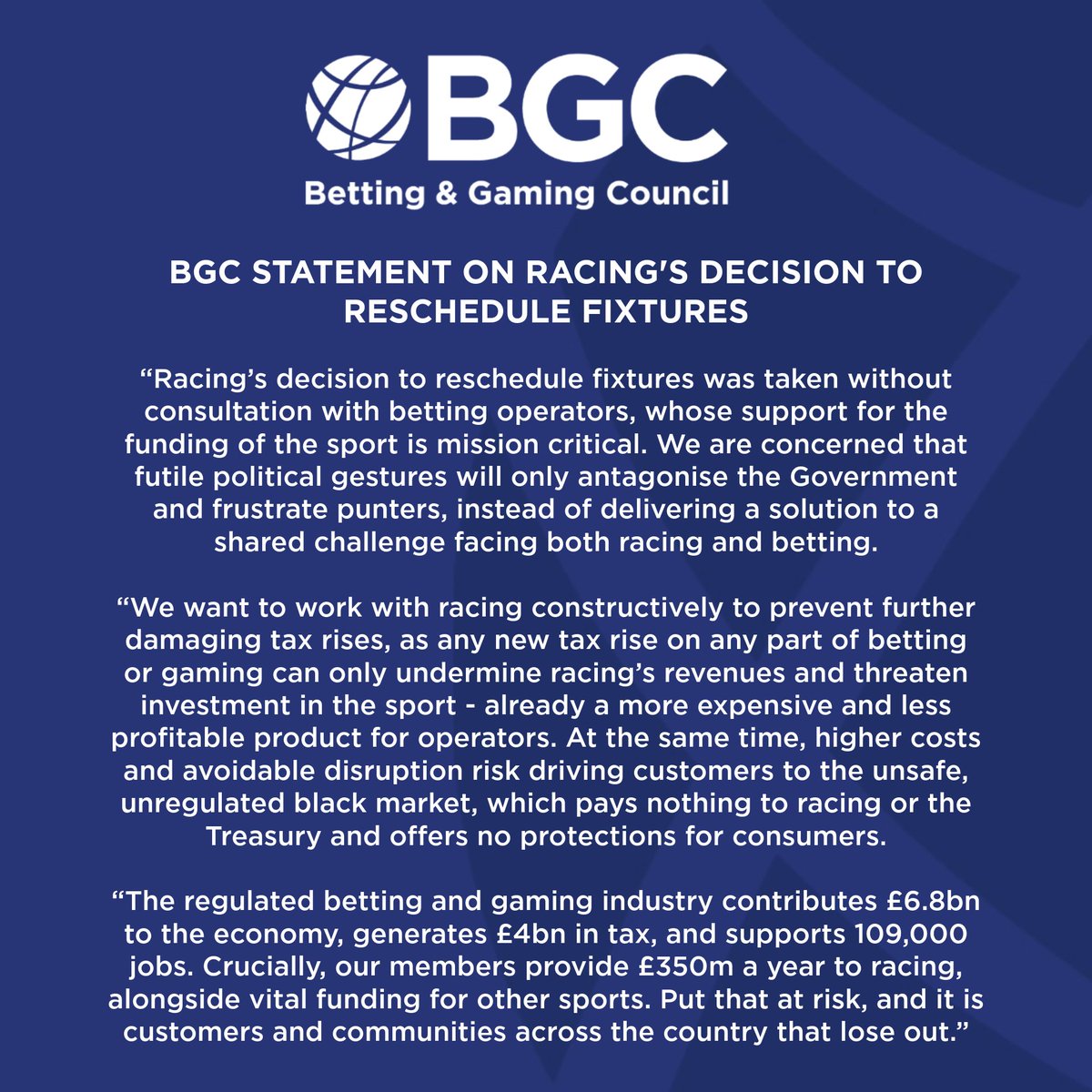 Read our full response to racing's decision to reschedule fixtures.
bettingandgamingcouncil.com/news/bgc-slams…