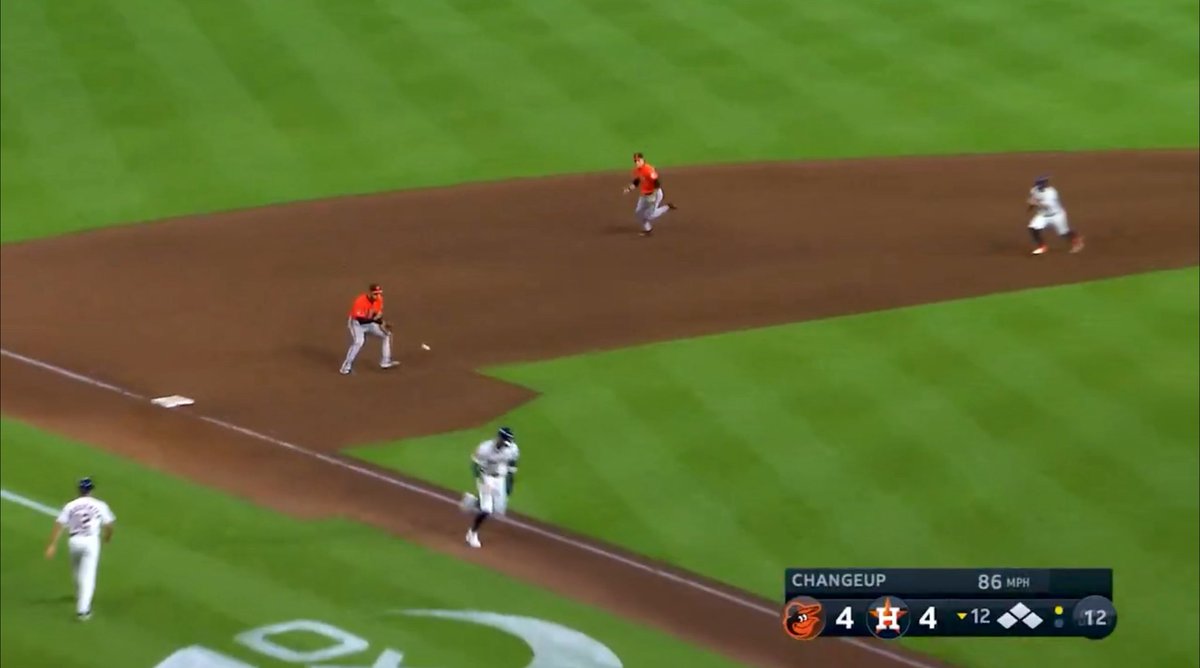 Urías came up with one out in the 12th with the bases loaded. He hits a grounder to Jordan Westburg at 3rd. Correa should have been an easy out at home plate. Instead Westburg throws to second and the throw is late to first to get the speedy Urías. Big mistake. Correa scores.