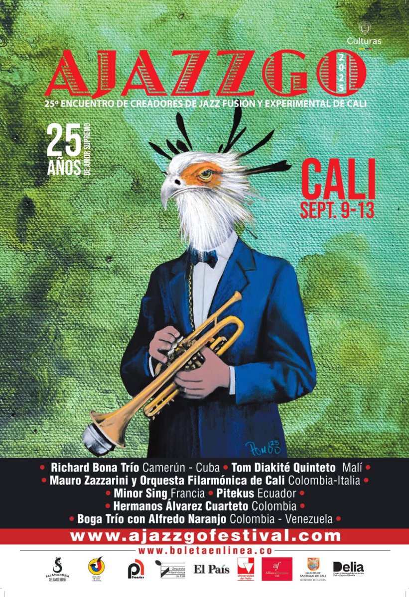 AJAZZGO, 25 Años de Amor Supremo 🎶 

Del 9 al 13 de Septiembre, una edición especial.

Un viaje musical que une continentes en los escenarios de Cali

Más información en nuestra página web ajazzgofestival.com

Entradas: boletaenlinea.co

Apoya
<a href="/mincultura/">MinCultura Colombia</a> <a href="/CaliCultura/">Secretaría de Cultura - Santiago de Cali</a>