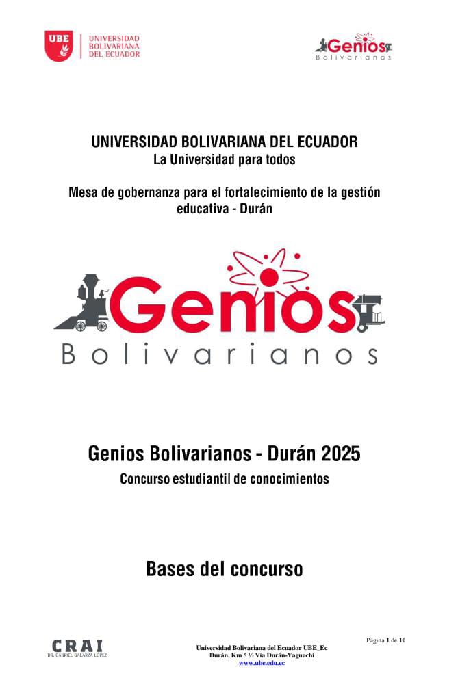Atentos estudiantes de 3 bachillerato de #Durán ven a la nueva edición del intercolegial #GeniosBolivarianos  <a href="/UbeEcuador/">UBE | Universidad Bolivariana Del Ecuador</a> 

Lee las bases en:
ube.edu.ec/Actividades/no…

Inscríbete en:
forms.office.com/r/DHeQafEy1B

<a href="/Educacion_Ec/">Ministerio de Educación, Deporte y Cultura</a> <a href="/AlegriaCrespo/">Alegría Crespo Cordovez</a> <a href="/EducacionZ8_Ec/">Educación Zona 8</a> <a href="/JerryRobalino/">Jerry Robalino</a>