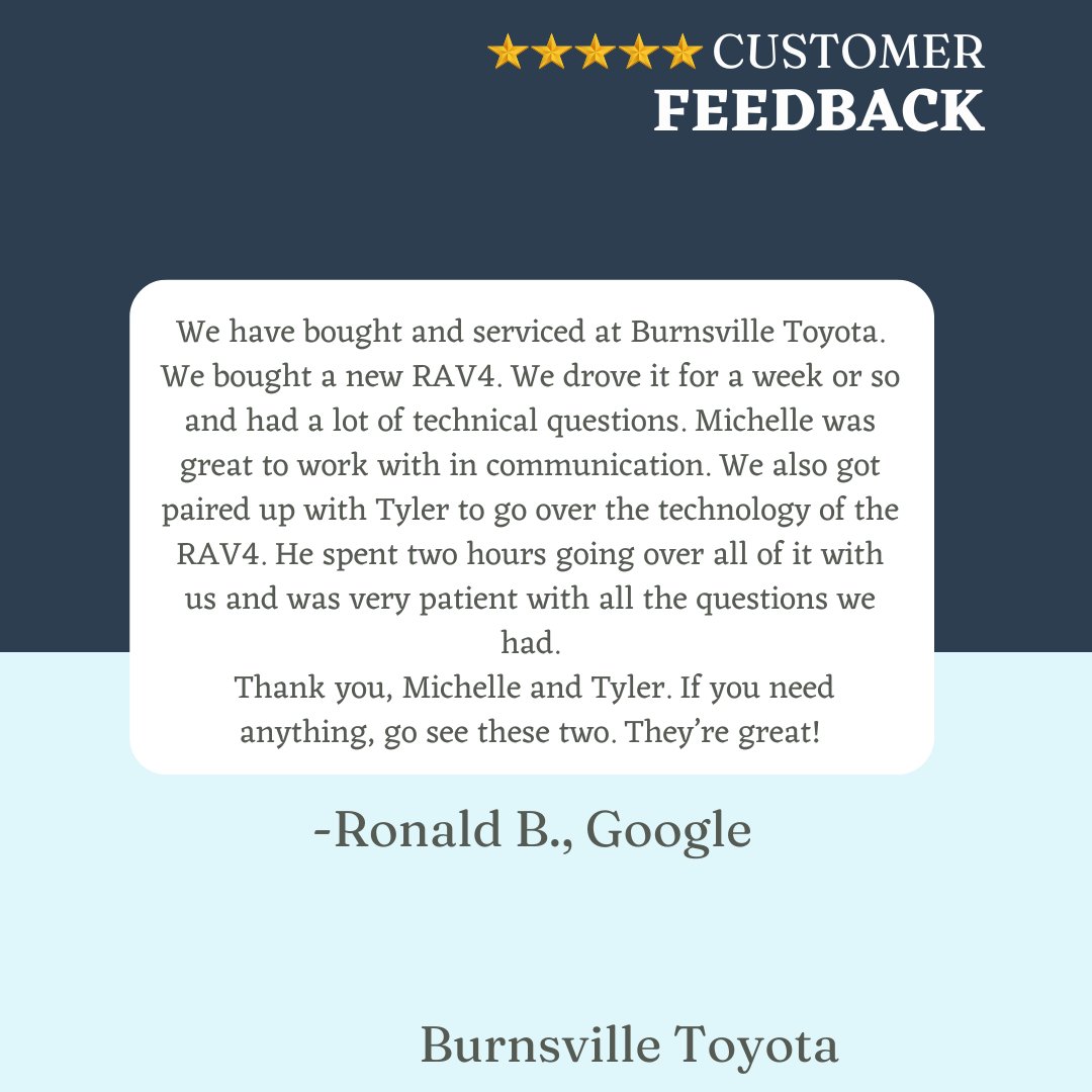 Bvilletoyota's tweet photo. Ronald, thank you so much for the thoughtful shoutout! We're glad Michelle made communication easy and that Tyler took the time to walk you through all the RAV4 tech features. Your kind words mean a lot. We’re lucky to have them on the team! https://t.co/vnuqwU8ve5