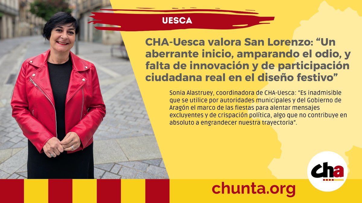 Chunta Aragonesista (@chunta) on Twitter photo 🎉 CHA-Uesca valora San Lorenzo: "Marcadas por un aberrante inicio, amparando el odio, y también la falta de innovación y de participación real"
<a href="/sonialastruey/">Sonia Alastruey Alpín</a>: "Es inadmisible que se utilicen las fiestas para alentar mensajes excluyentes"
🔗 chunta.org/cha-uesca-valo… 🎉 CHA-Uesca valora San Lorenzo: "Marcadas por un aberrante inicio, amparando el odio, y también la falta de innovación y de participación real"
<a href="/sonialastruey/">Sonia Alastruey Alpín</a>: "Es inadmisible que se utilicen las fiestas para alentar mensajes excluyentes"
🔗 chunta.org/cha-uesca-valo…