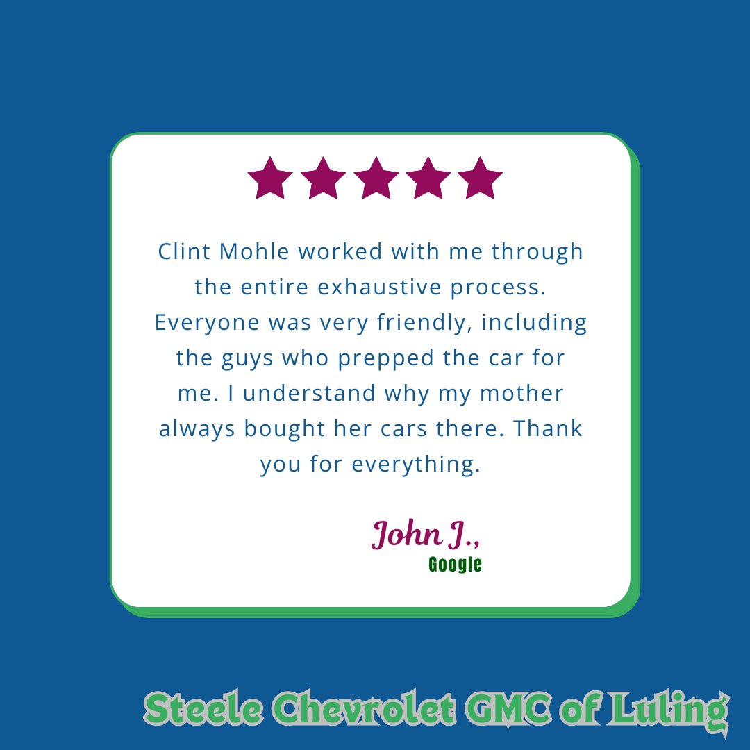 LulingChevrolet's tweet image. Thank you for your wonderful feedback, John! Reviews like these mean the world to us here at our dealership. Feel free to reach out if you have any more questions or need assistance in the future.