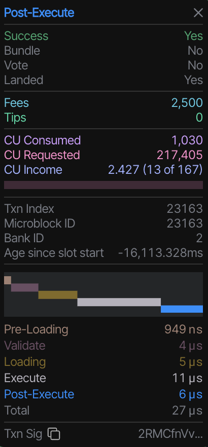 Screenshot of Solana transaction execution details highlighting compute unit consumption for no-op transactions