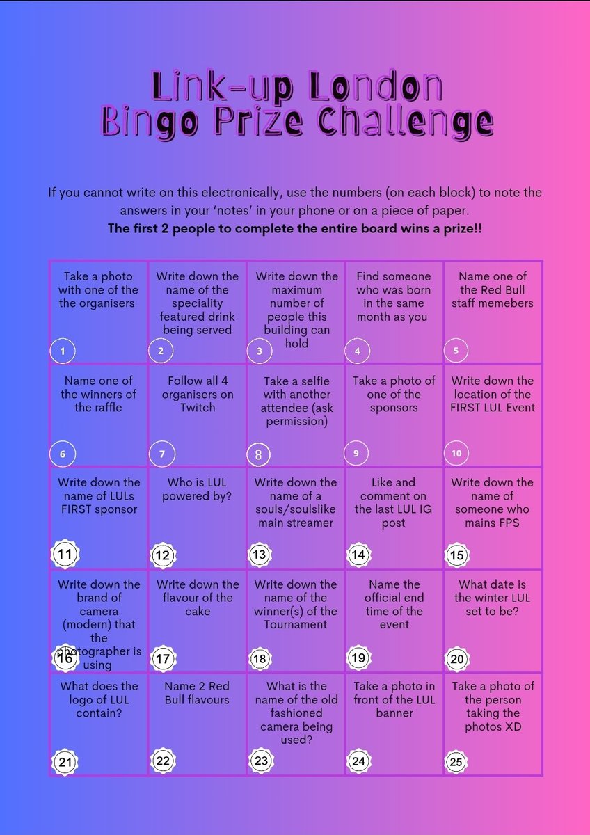 Get ready for the challenge! To all of our guests, it's time to play bingo. 

Download the card, grab some paper and a pen and may the best guests win!