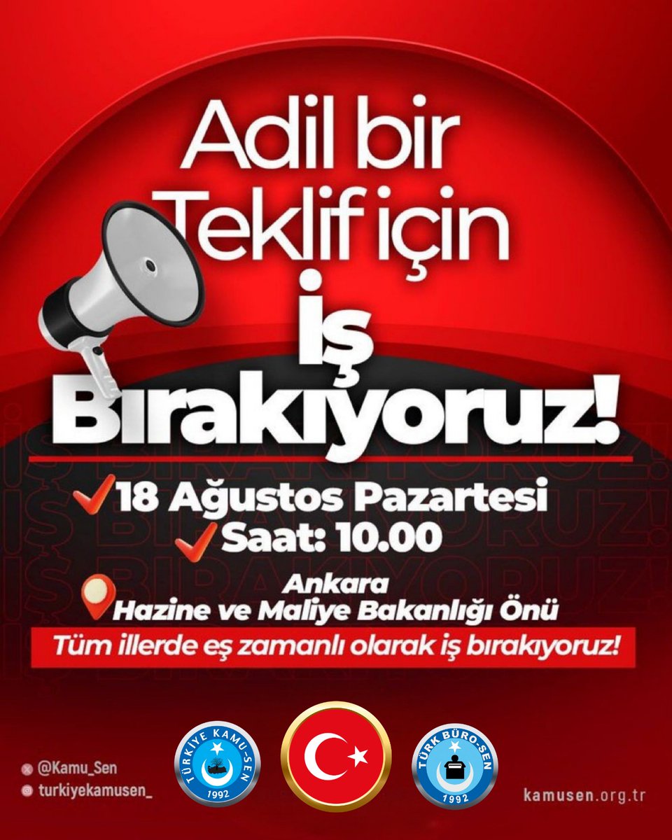TurkBuroSenGM's tweet photo. Türk Büro-Sen olarak;

📢 “Eğitim-Diploma-Nitelik-Görev Yetki ve Sorumluluğumuzun” karşılığı bir teklif için; Ankara ve tüm illerde İş Bırakıyoruz!

📅18 Ağustos Pazartesi
⏰ 10 : 00 
📍 Ankara – Hazine ve Maliye Bakanlığı Önü ve tüm illerimizde 1 günlük iş bırakıyoruz. https://t.co/NCJCawSs7r