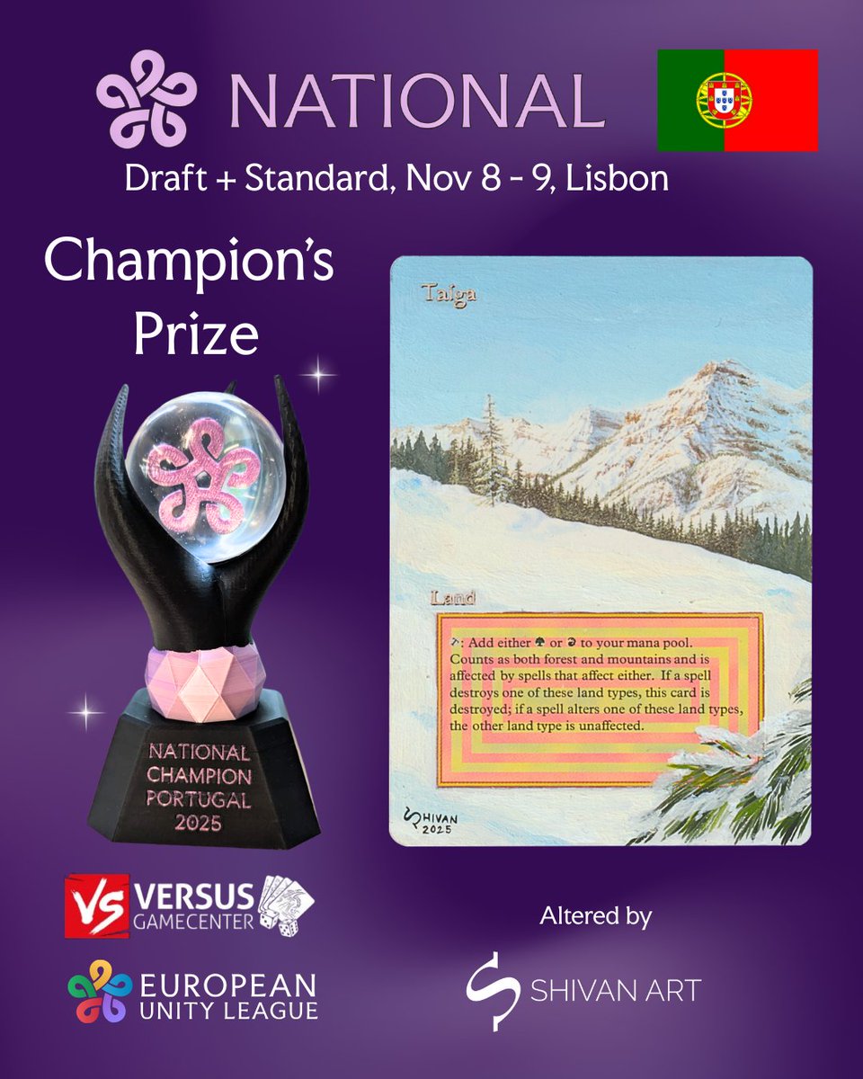 European Unity League (@unityleaguemtg) on Twitter photo 🇵🇹 EUL National Champion’s prize 🏆
A Revised Taiga 🃏 altered by <a href="/ShivanArt/">ShivanArt🔜TBA👀</a> 🎨 and a custom trophy 🖤
📅 08 - 09.11
📍 Lisbon, Versus Gamecenter
🔗 unityleague.gg/events/12962/ 🇵🇹 EUL National Champion’s prize 🏆
A Revised Taiga 🃏 altered by <a href="/ShivanArt/">ShivanArt🔜TBA👀</a> 🎨 and a custom trophy 🖤
📅 08 - 09.11
📍 Lisbon, Versus Gamecenter
🔗 unityleague.gg/events/12962/