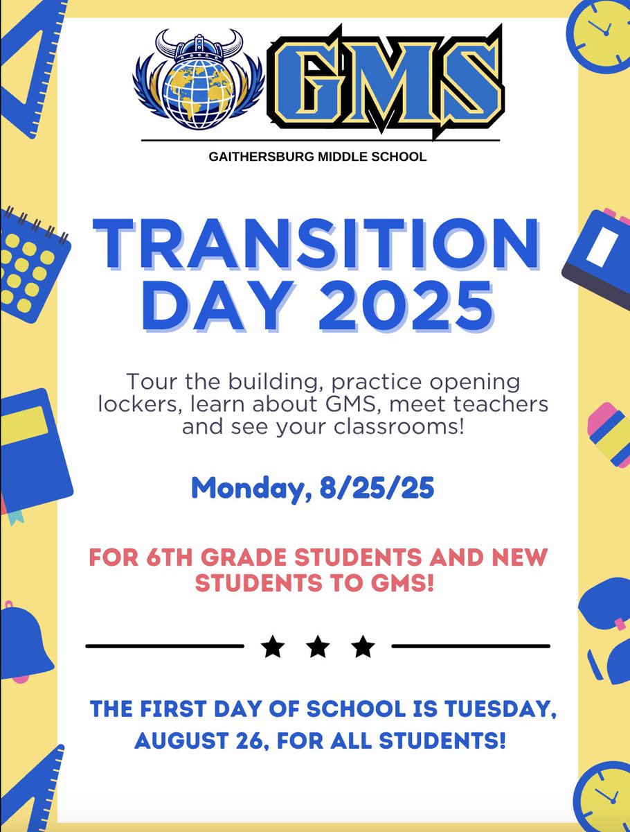 Viking Reminder! 💛💙 Transition Day is Mon, Aug 25 for 6th graders &amp; new students! 🎒 Students will tour the building, practice lockers, &amp; meet teachers.

⚓️ Returning 7th &amp; 8th graders start on Tues, Aug 26 with the whole school! #WeAreGMS