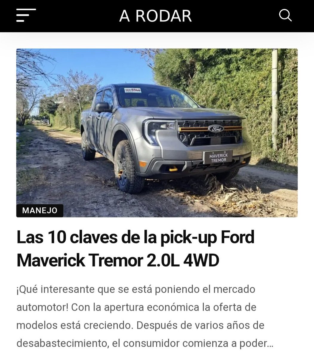 Dato. Manejé la Ford Maverick Tremor 4WD unos días. Una pick-up 4x4 compacta. Anduve en ruta, con lluvia, me metí en el barro, tmb en la ciudad, se la puede cargar de cosas. Pensada para off road, pero tmb urbana. Una buena combinación. Mi opinión, acá 👇 
arodarpost.com.ar