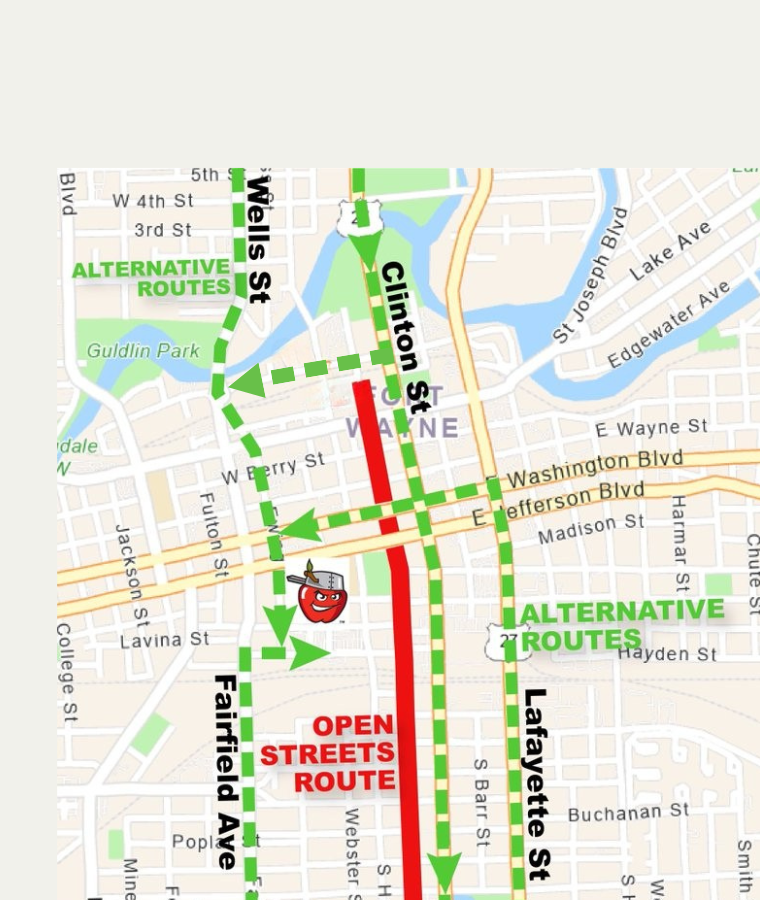OpenStreetsFW's tweet photo. Due to the Open Streets Fort Wayne event, those attending the @TinCaps  game today may use Washington Boulevard, Jefferson Boulevard and Superior Street to avoid road closures for the Open Streets event. https://t.co/FQovVOMTBm